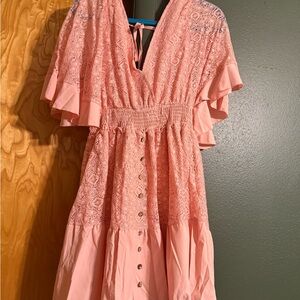 Pink Lace Flutter Sleeve Button Front Dress